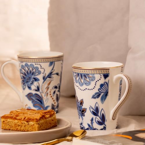 Image of GOLDEN QUEEN'S Mugs Set of 2 for Coffee, Tea, Milk - Ideal for Your Daily Beverage Ritual, Hosting & Casual Gatherings - Blue Blossom (24K Gold on Rim)