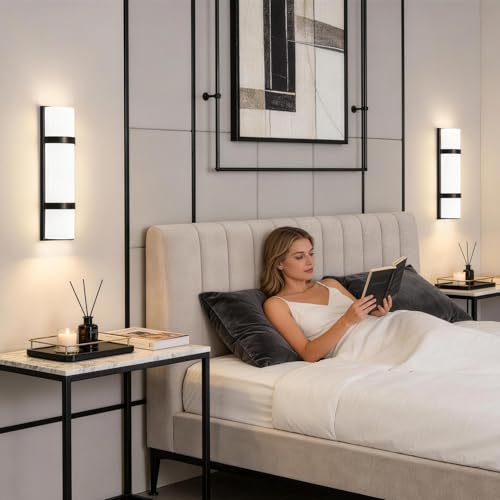 Image of LED Bathroom 16 Inch Vanity Lighting Fixtures | CRI 90 4000K Matte Black Wall Sconces Set of Two with White Frosted Glass Lamp Shade | 120V 15W 1200LM Dimmable with Dimmer Switch(not Included)