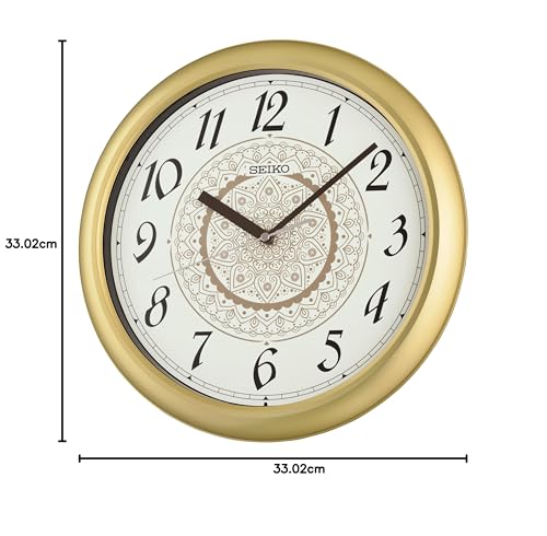Image of Seiko Henna Wall Clock - 13 inch Gold Case, Floral Dial, Quartz Movement, Battery Operated (Size: 32.5 x 4.5 x 32.5 CM | Weight: 600 gram) QHA018F