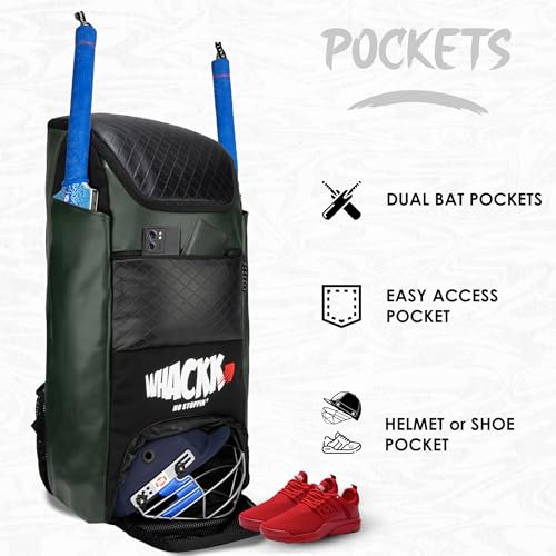 Image of WHACKK Lara 72L | Premium Artificial Vegan Faux Leather Cricket Backpack|KitBag|Adult Size|2 Bat Pocket|Shoe /Helmet Pocket|Fit 18 inch Leg Pad 2 Bottle Holder|Easy Access|Player Senior (Olive Green)