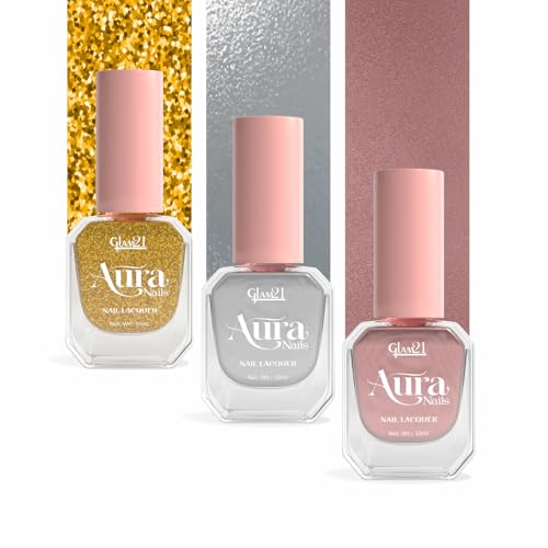 Image of Glam21 Aura Nails Nail Lacquer |Long-Lasting, Quick-Dry, High-Shine Nail Enamel|Chip-Free Formula|Smooth Application & Vibrant Finish| 10ml, Pack Of 3 (Gold Rush,Copper Pulse & Silver Foil)