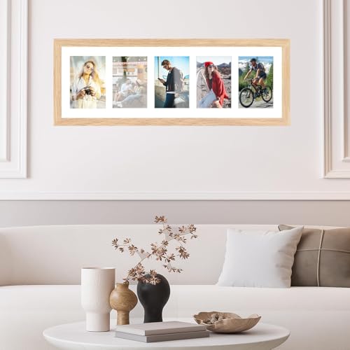 8x24 Oak Wood Picture Frame - 8x24 Photo Frame with Mat Display 5Pcs 4x6 Photos, 4x6 Picture Frame Wood, Natural Solid Wooden Picture Frames for Wall Art Photo and Prints(1 Pack, Beige)