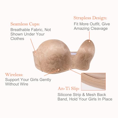Image of HACI Push Up Strapless Bra for Women Anti-Slip Padded Wireless Invisible(Brown,36D)