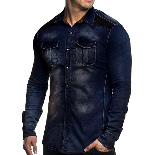 Camisa de mezclilla manga larga hombre corte regular con bolsillos estilo vaquero