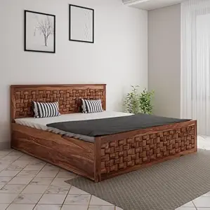 Craftswood Sheesham Wood King Size Bed with Storage for Bedroom Living Room Solid Wood Niwar Wooden Palang Double Bed Furniture (Honey Finish)