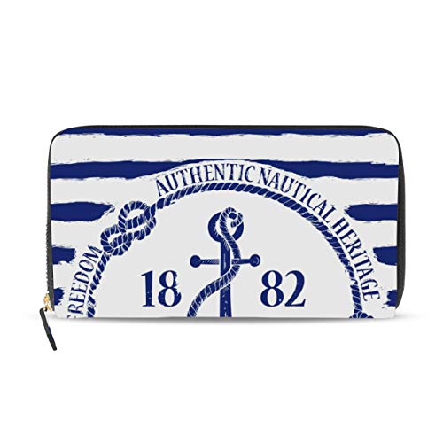 Portefeuille long en cuir femme véritable motif ancre marine