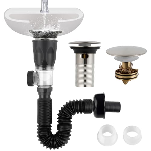 iFealClear Bathroom Sink Drain Kit, Flexible P-Trap Drain Pipe with Pop Up Stopper, Sink Pipe Replacement with 2 Adapters, Fits 1-1/4'', 1-1/2'', 2" Holes, Large Cover Cap, Brushed Nickel by iFealClear - Used condition - US$16.92