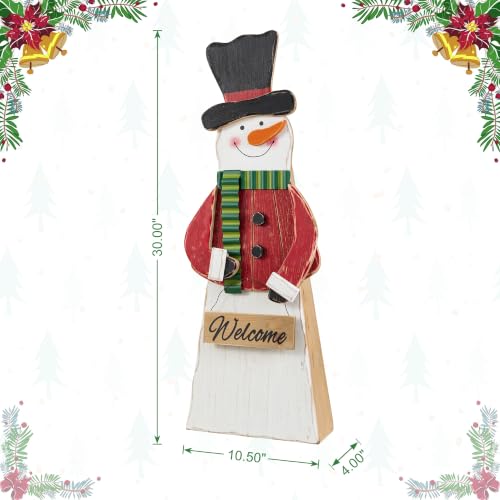 Image of Glitzhome 30 inchH Christmas Chunky Wood Snowman Porch Sign, Standing Snowman Porch Decor with Black Top Hat and Red Coat,Merry Christmas Welcome Sign for Holiday Front Porch Outdoor Decorations