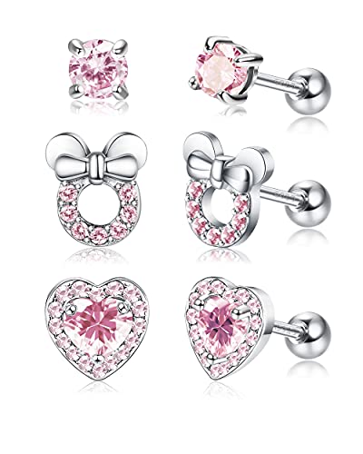 Milacolato 3Pairs 18G 925 Sterling Silver Screw Back Earrings For Women Girls Cartilage Tragus Helix Earrings Pink Cubic Zirconia Heart Mouse Stud Earrings Set #TOP5