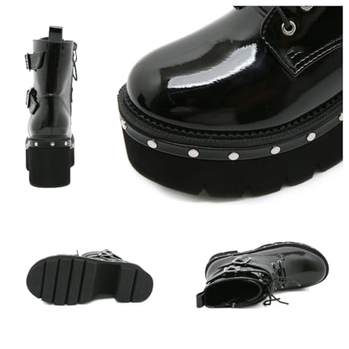 Womens Goth Patent Ankle Boots, Round Toe Chunky Ankle Boots Platform Chunky High Heel Lace Up Combat Booties3