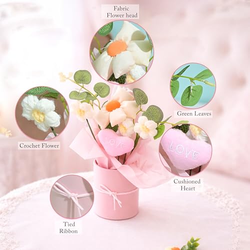 Image of Art Street Handmade Knitted Flower Bouquet in Pink Box - Artificial Daisy & Eucalyptus Arrangement with Soft Fabric Heart | Decorative Table Decor, Anniversary,