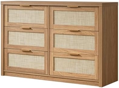 Hampstead Dresser for Bedroom, Rattan 6 Drawer Dresser, Boho Chest of Drawers, Wood Closet Dresser TV Stand for Living Room Hallway, 47.24" W x 15.43" D x 31.69" H