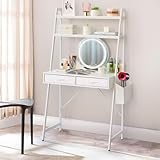 Freestanding Ladder Desks with Power Outlets, Small Home Office Study Reading Desks with 2 Fabric Drawers and Side Bag, Computer Gaming Desk Modern Vanity Dressing Makeup Desk (Elegant White, Ladder)