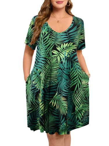 Image of ZENNILO Women's Plus Size Swing Dress with Pockets Casual Summer Dresses V Neck Short Sleeve T Shirt Dress for Women