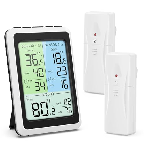 Brifit Digital Fridge Freezer Thermometer with 2 Wireless Sensors, Backlit Display Refrigerator Thermometer with MAX&MIN Records, Temperature Alarm, Arrow Trend, Fridge Temperature Gauge for Room