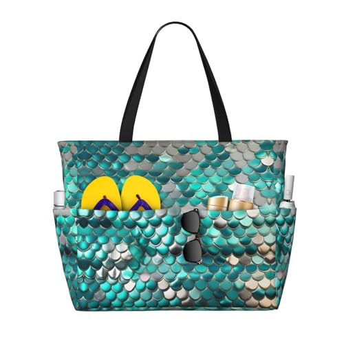 Mermaid Scale Extra Large Tote Bag For Women,Foldable Beach Bag With Pocket Weekender Travel Overnight Bag