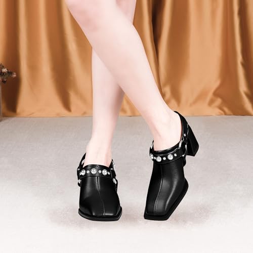 100FIXEO Women's Block Heel Slingback Pumps Studded Strap Buckle Square Toe Comfortable Shoes3