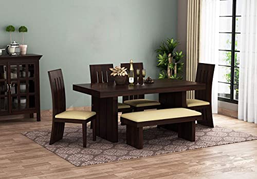 SHREE SHYAM FURNITURE Wooden Dining Table 6 Seater | Solid Wood Dining Table with 4 Chairs & 1 Bench | Sheesham Wood | Home & Dining Room Furniture | Beige Cushion | Dark Walnut Finish