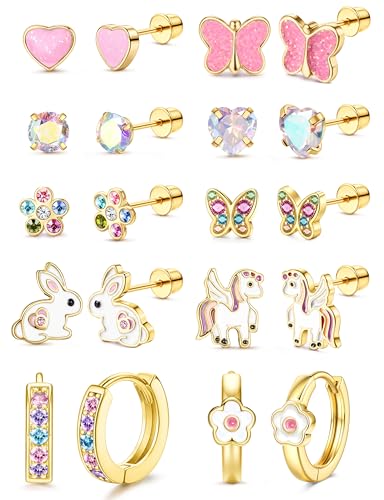 Adramata 10 Paires Boucles d'Oreilles Fille Femme Acier Inoxydable Hypoallergéniques Boucles Oreille Ensemble Rose Multicolore CZ Fleur Coeur Papillon Vis dos...