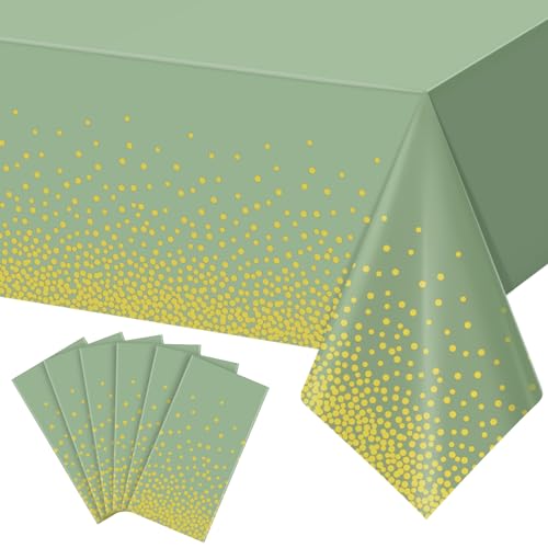 Image of 6 Pack Sage Green and Gold Plastic Tablecloth, Green Disposable Table Cloth for Rectangle Tables, Gold Stamping Dot Light Green Tablecloth for Baby Shower Birthday Wedding Party Decorations, 54 inchx108 inch