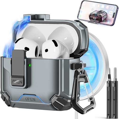 Image of Pohgelan Compatible with AirPods 4 Case (Silver) | Magnetic Automatic Lock with Phone Stand & Cleaning Kit,Compatible with Magsafe