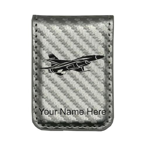 LaserGram Slim Magnetic Money Clip, Fighter Jet 1, Personalized Engraving Included (Carbon Fiber Silver)