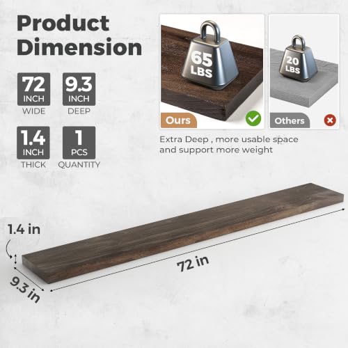 Image of RICHFOCUS Elm Floating Shelves for Wall - 72 inch W x 9.3 inch D Rustic Solid Wood Shelves with Invisible Bracket, Wall-Mounted for Living Room, Bedroom, Kitchen Storage & Display, Set of 1, Walnut