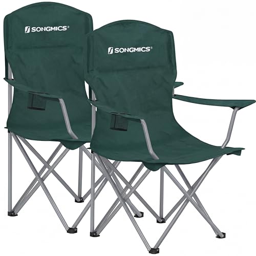 SONGMICS 2 Pack Folding Camping Chairs Load 330 lb Cup Holder and High Backrest Heavy-Duty Structure for Lawn Garden Fishing Terrace Dark Green UGCB08GN