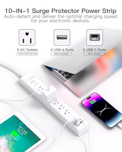 Image of 2 Pack Extension Cord 15FT, Power Strip Surge Protector with 6 Outlets and 4 USB Ports (2 USB C), Flat Plug Overload Protection, Extension Cord with Multiple Outlets, Wall Mount for Home Dorm College