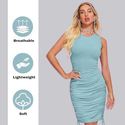 Image of LONDON BELLY Women's Solid Pattern Polyester Blend Bodycon Mini Dress with Drawstring Fitted Closure Type Round Neck and Sleeveless Thigh Length | One Piece Dresses for Women
