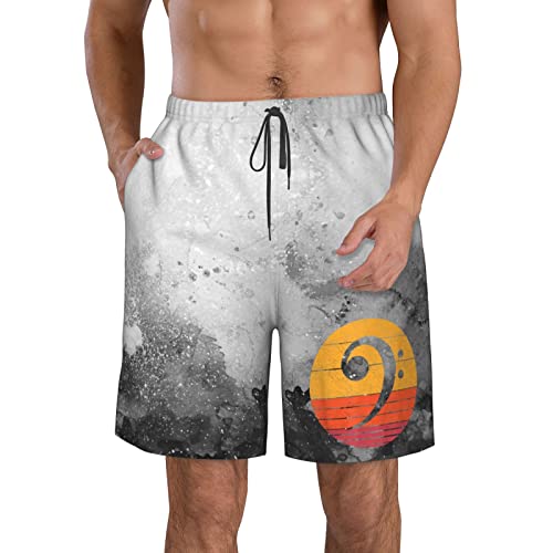 Retro Bass Clef Notes Musical Note Vintage Style Music Gift Swim Trunks Swim Shorts Quick Dry Beach Shorts with Pocket White-L4