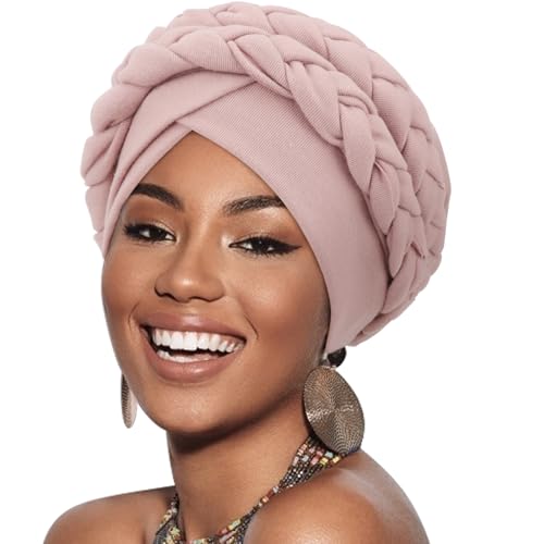 Image of DRESHOW African Women Turban Caps Cotton Beanie Twist Headscarf Pre-Tied Double Twisted Braids Wrap Hat Chemo Cancer Cap