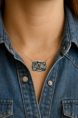 Western Initial Necklace – 925 Sterling Silver Belt Buckle Pendant with Genuine Kingman Turquoise, 19-Inch Chain, Vintage Cowboy Style Personalized Jewelry4
