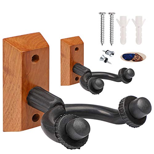 Phorcs Guitar Wall Mount Hanger Stands 2-Packs, Premium Hardwood Guitar Hanger Hook Bracket Holder for Home & Studio, Fits All Acoustic, Electric, Bass, Ukulele, with 2 Guitar Picks & Buttons