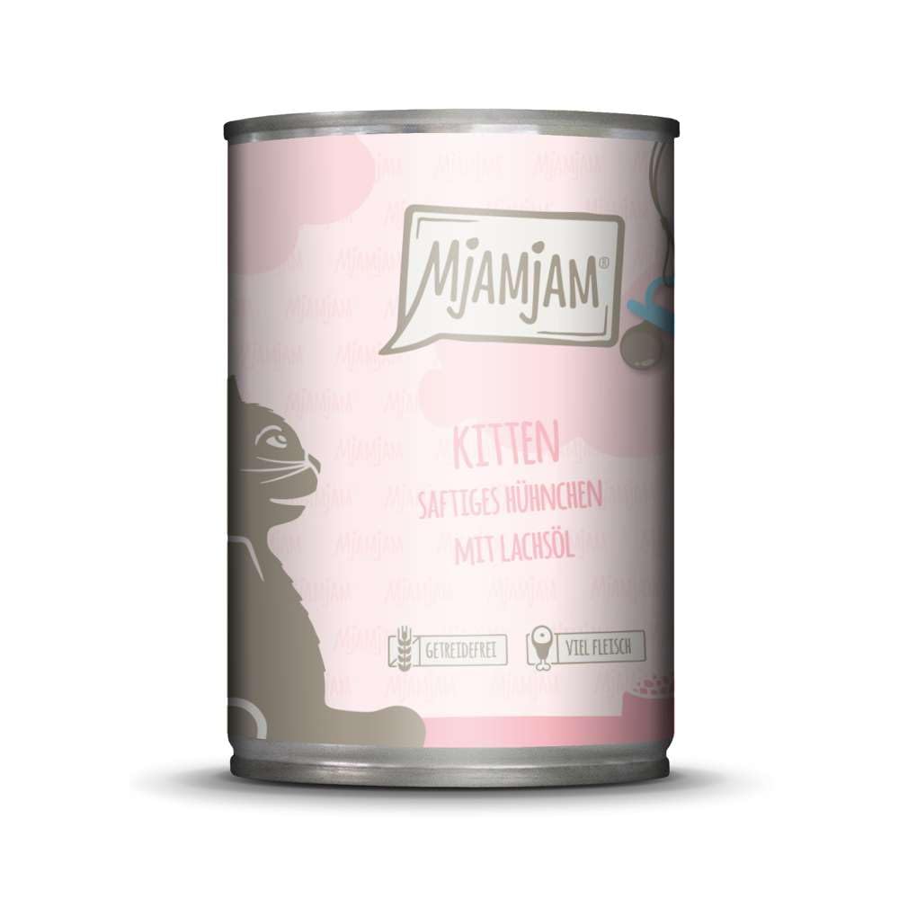 MjAMjAM - premium wet cat food - juicy chicken for kittens with salmon oil, pack of 6 (6 x 400 g), grain-free with 2.4 Kilogram meat supplement