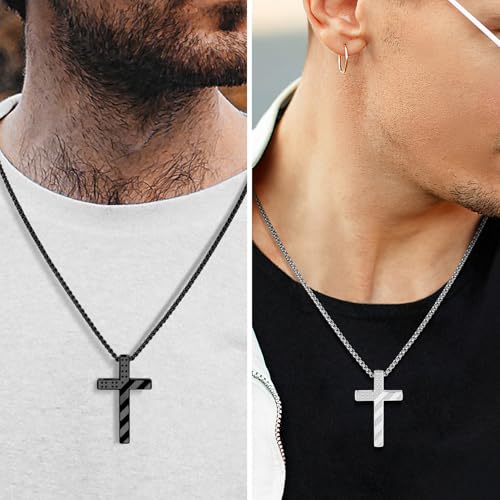 Romass 2Pcs Cross Necklace for Men,Silver Black Bible Verse Stainless Steel American Flag Pendant Chain Gifts Jewelry Box2