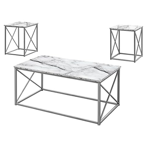 Monarch Specialties I 7953P Table Set, 3pcs Set, Coffee, End, Side, Accent, Living Room, Metal, Laminate, White Marble Look, Grey, Contemporary, Modern Cover