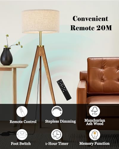 Image of ELYONA Floor Lamp for Living Room, Solid Ash Wood Tripod Floor Lamp with Remote Control, Stepless Dimmable Standing Lamp for Bedroom, Office, Tall Lamp with Linen Shade, Mid Century Modern & Farmhouse