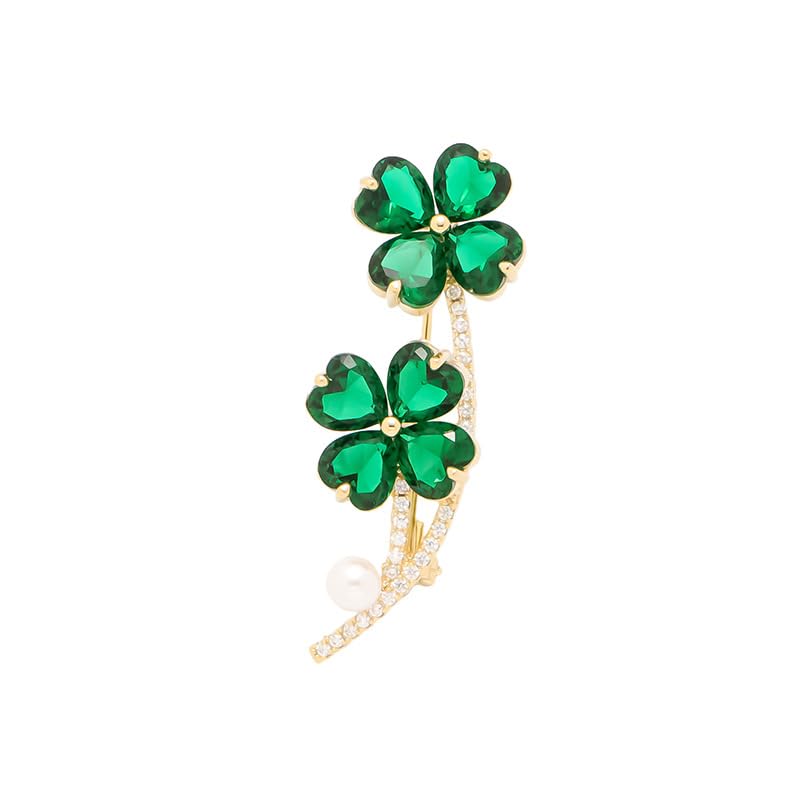 Image of Rhinestone Clover Leaf Brooch Pin, Green Four Leaf Clover Pin Shamrock Lapel Pin, Gold Plated Vintage Crystal Flower Brooches