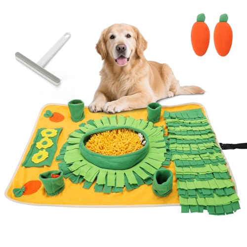Verocis ノーズワーク スニッフマット 嗅覚訓練マット 犬/猫 おもちゃ 大型犬にも対応 にんじんデザイン 物隠し穴多め 知育玩具 おやつ隠し 早食い防止 毛玉取りブラシ付き 洗濯可能 ペット用 ペット用 探し遊び 知育マットフード探しゲーム エネル