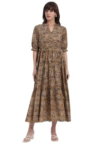Image of Women's Fit and Flare Dress I Pure Cotton Long Summer Maxi Dress I V-Neck I Casual Wear I Printed Kalamkari Floral Middi