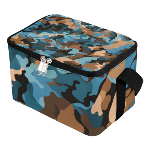 Lunch Bags for Women Men 9 Cans,Blue Brown Camo Hot & Cold Food Delivery Bag Insulated Grocery Bag Insulated Lunch Box Camouflage Cooler Bag for Office Work Picnic Beach