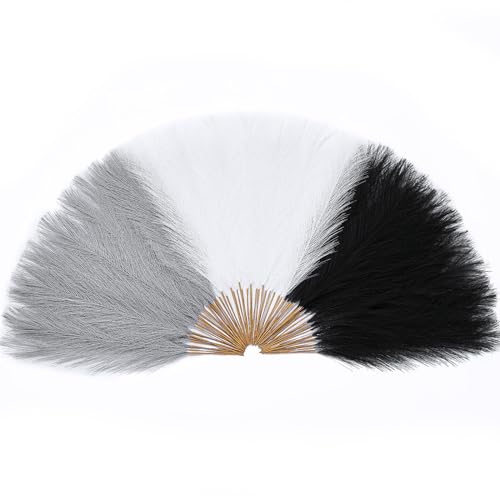 Serwalin 60 Pezzi Erba della pampa artificiale Decorativa,45 cm,Boho Decor,Fiori Secchi, Piume Erba Della Pampas Naturali per Matrimoni, Boho Decor, Home Decor (Nero&Grigio&Bianco)