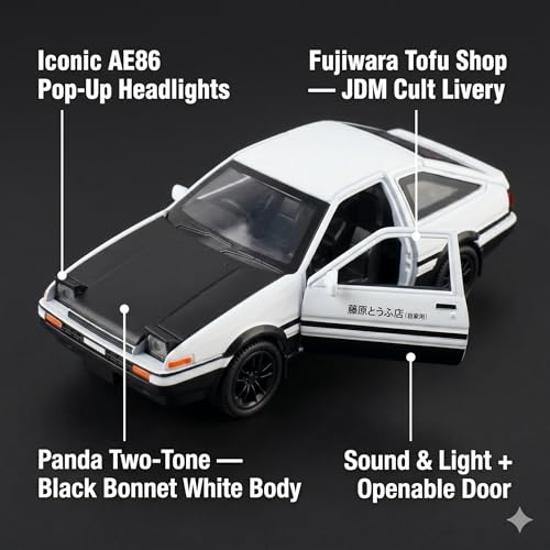 Image of Toyota AE86 Sprinter Trueno 1:35 Scale Die-Cast Car Model - Fujiwara Tofu Shop JDM Drift Livery Sound Light Pull-Back Alloy Panda Trueno Collectible