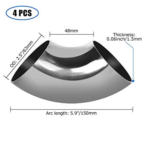 Zoeyes 4 Pcs Stainless Steel Exhaust Elbow, 2.5”Mandrel Bend Elbow - Thickness 16Ga/.065”Wall, Ss304 Stainless Elbow For Car Modified Exhaust Elbow Pipe, Stair Handrail, 90 Degree #TOP1