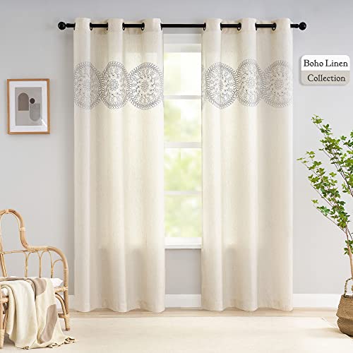 Jubilantex Natural Linen Embroidered Window Curtains 2 Panels, Farmhouse Grey Floral Medallion Pattern Embroidery Grommet Top Rustic Linen Curtain Panels For Bedroom Holiday Bedroom, 42X95 Inch #TOP1