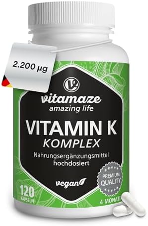 Vitamin K Komplex hochdosiert & vegan, K1 1.000 mcg + K2 Menaquinon (1.000 mcg MK4 + 200 mcg MK7), 120 Kapseln für 4 Monate, beste Bioverfügbarkeit, Made in Germany