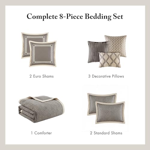 Image of Madison Park Signature Cozy Comforter Set - All Season Bedding Combo | Filled Insert and Removable Duvet Cover, Shams, Decorative Pillows, Queen (92 in x 96 in), Geometric Grey 8 Piece