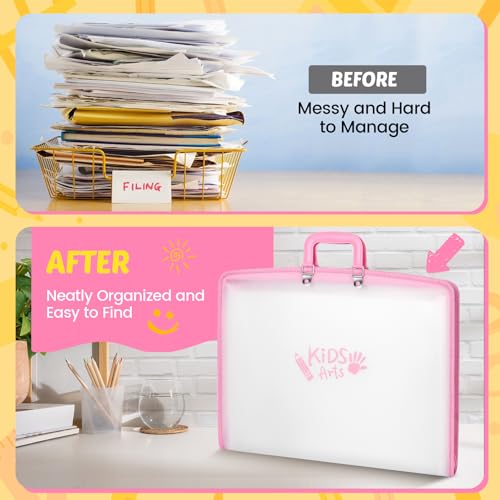Image of 11x17 Kids Art Portfolio - Accordian File Organizer with 13 Pockets, Art Portfolio for Kids with Handle and Zipper Closure - Oxford Cloth, Frosted Translucent Artwork Folder for Children - Pink