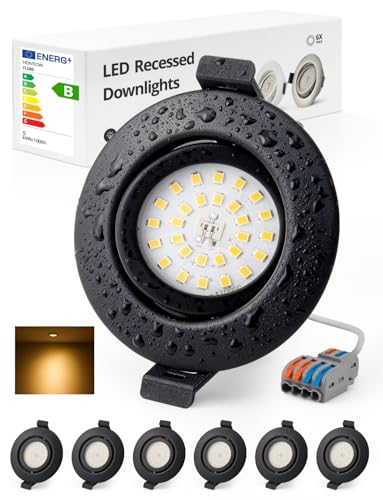 Foco Empotrable LED Techo IP44 Baño Ojos de Buey Interior AC 220V-240V Foco Encastrable Rotable 38° Negro, Downlight Ø68mm - 80mm para Cuisina Pasillo Lampara Redondo 4.7W 760LM 3000K, Pack de 6